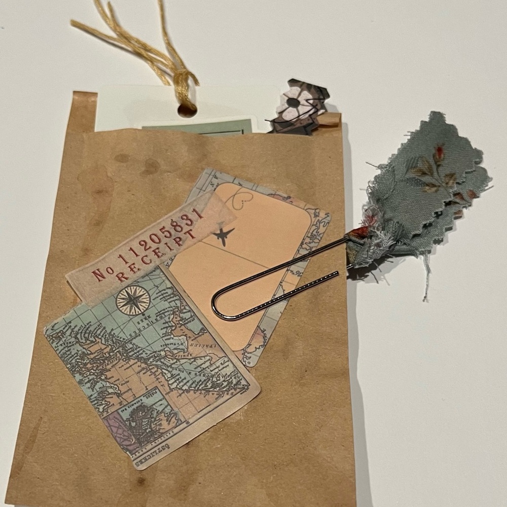 Handcrafted Brown Envelope, Paper clip, writing notepad. paper ephemera strip.